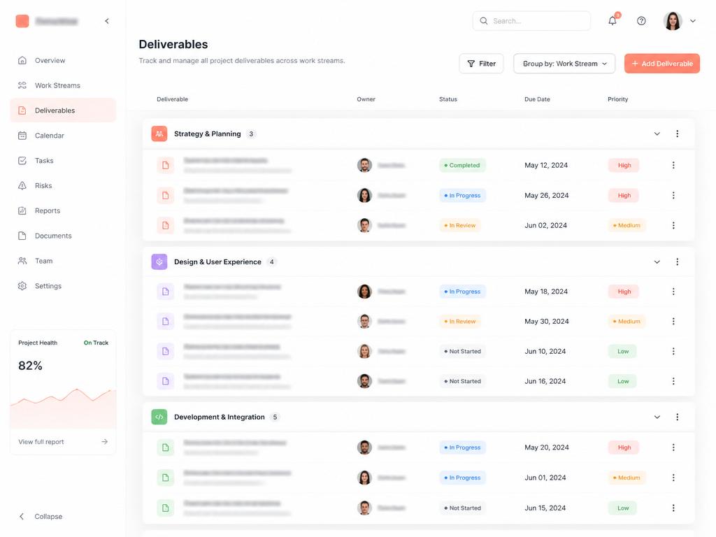 Lista de entregáveis do projeto agrupados por frente de trabalho na Maker