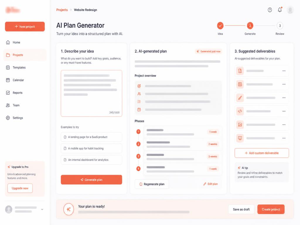 Tela da Maker transformando a ideia descrita em um plano com entregáveis sugeridos