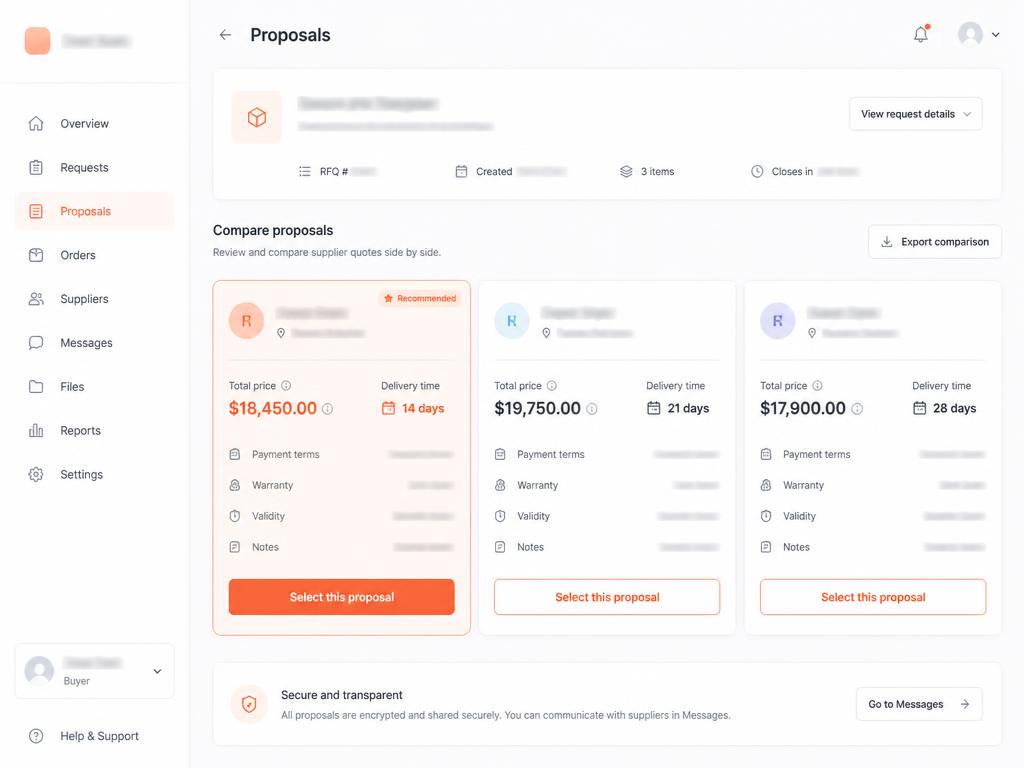 Comparação de propostas de fornecedores com preço e prazo dentro de um entregável